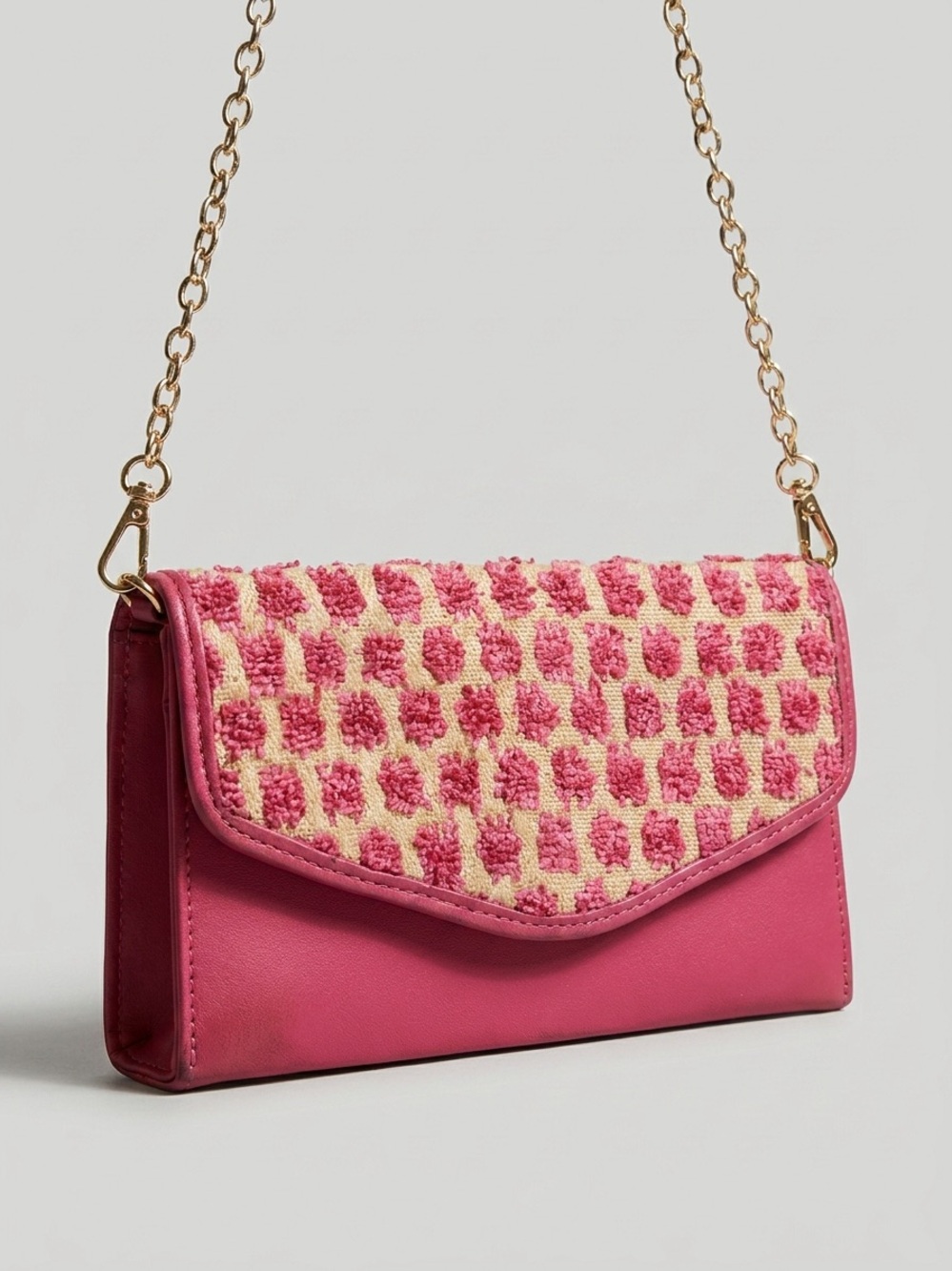Pink Textured Tufted Crossbody Clutch Bag | Chain Strap Envelope Purse